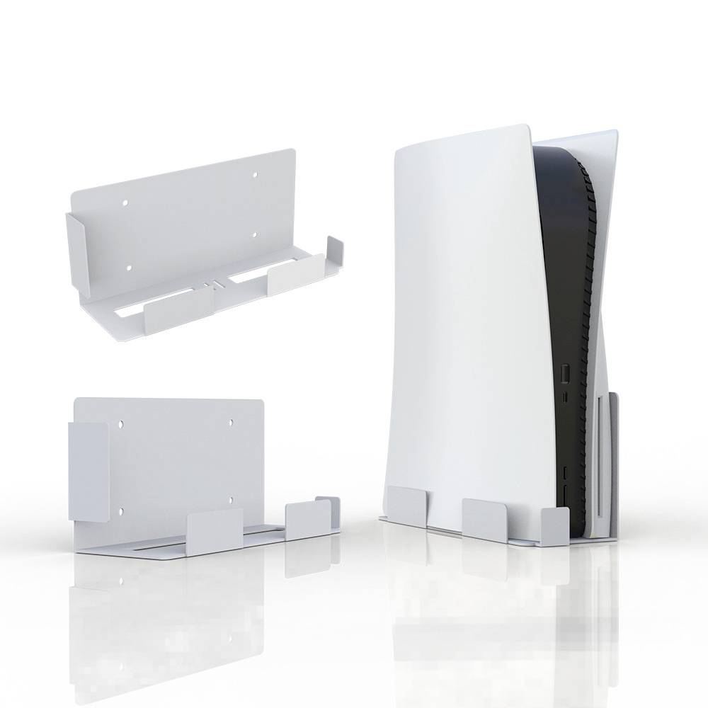PlayStation console with white vertical stand and mounting bracket attached to a wall.