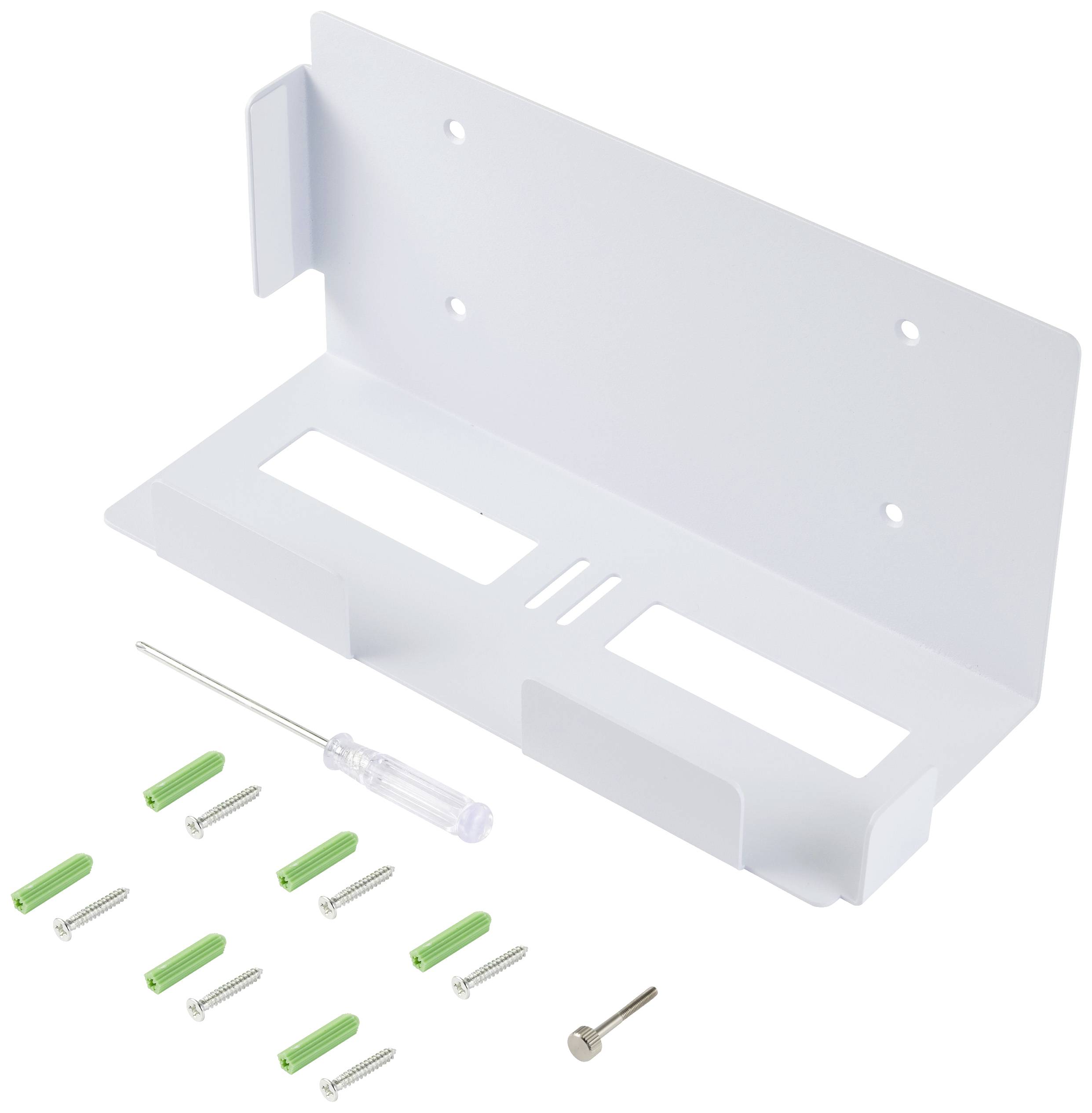 Mounting bracket kit, includes a white metal plate with holes, six green wall plugs, six screws, and a screwdriver.