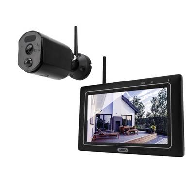 A surveillance camera and a monitor. The monitor displays the image of a house with a terrace. Both devices have aerials for wireless connection.