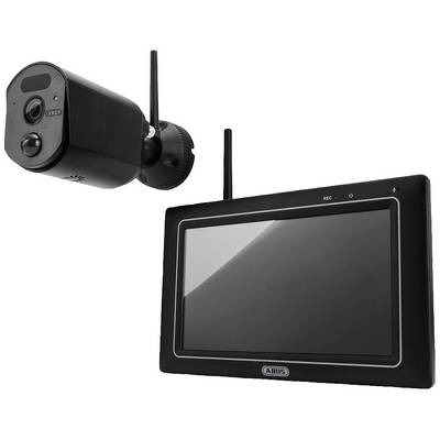 A black surveillance camera with integrated antennae next to a black monitor with an antenna, suitable for security purposes.