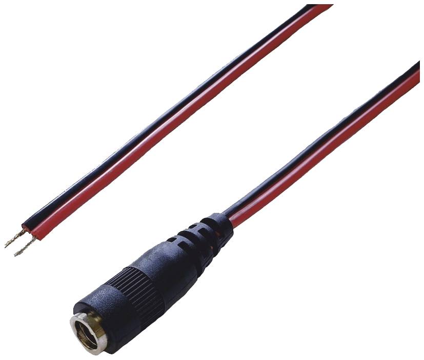 A black adapter with a socket at one end and two cable ends in red and black. Adapter for connecting audio devices.