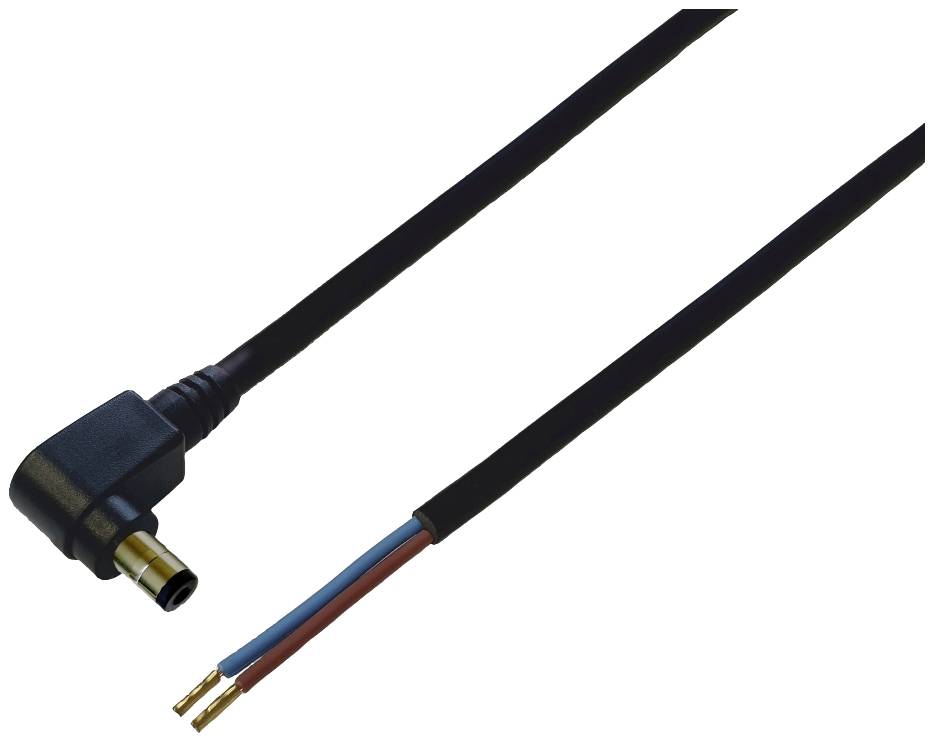 A black cable with an angled plug on one side and three exposed wires (black, blue, brown) on the other side.