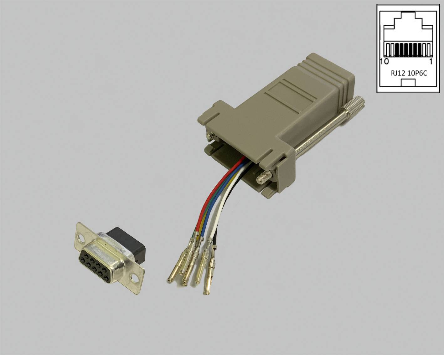 A serial adaptor plug shows coloured cable ends. In the top right is a drawing of the RJ12 connector labelled 'RJ12 10P6C'.