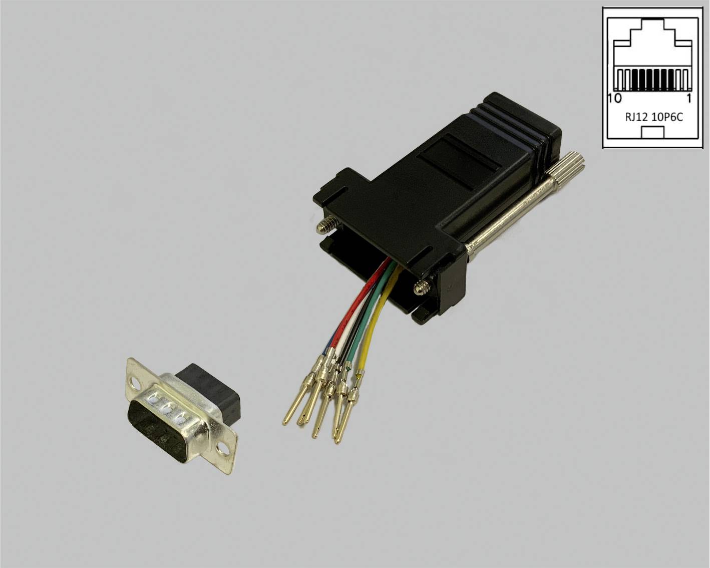 A RS232 to RJ12 adapter is shown with exposed cable ends and plug. Additional image: RJ12 10P6C connection diagram.