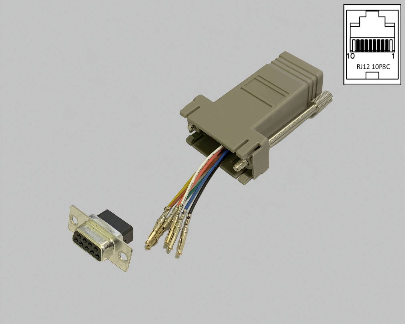 A serial adapter with exposed wires and a separate 9-pin connector. An RJ12 plug is pictured top right.