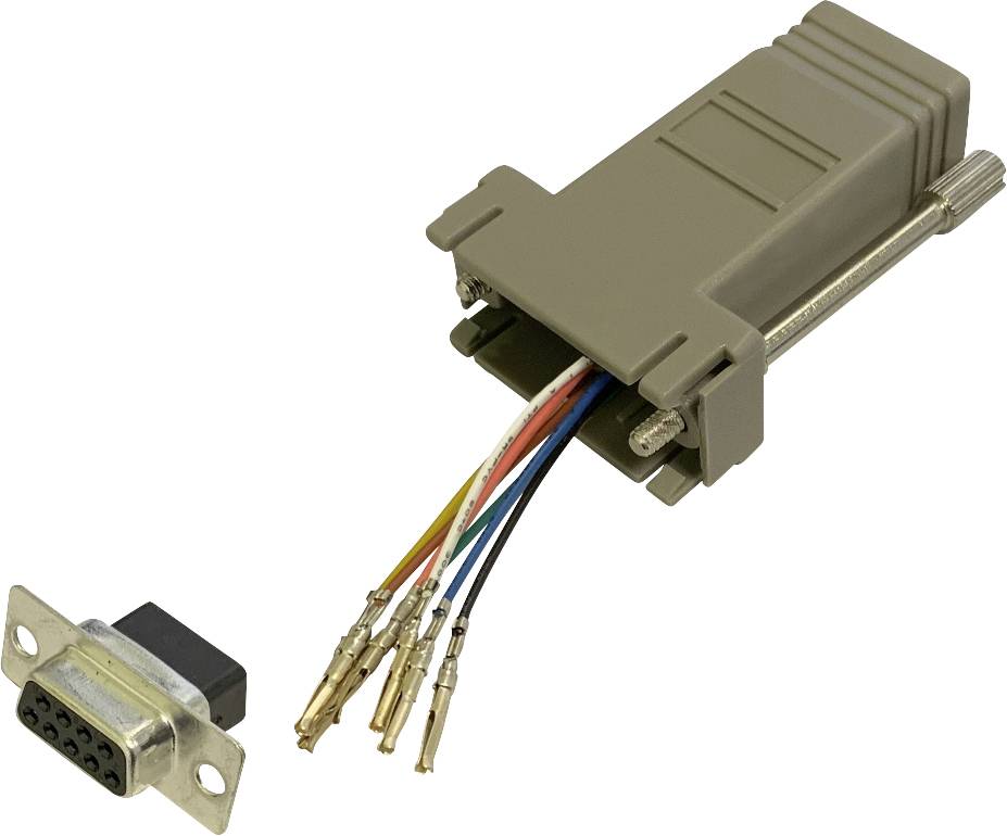 'Sub-D adapter with stripped cables and a 9-pin connector. Suitable for electronic installations and connections.'