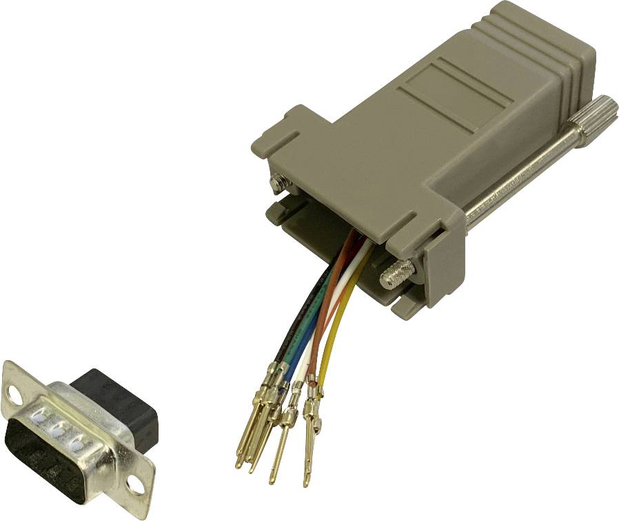 A serial RS232 plug with stripped colour-coded wires; the plug is open and shows the connections for cable configurations.