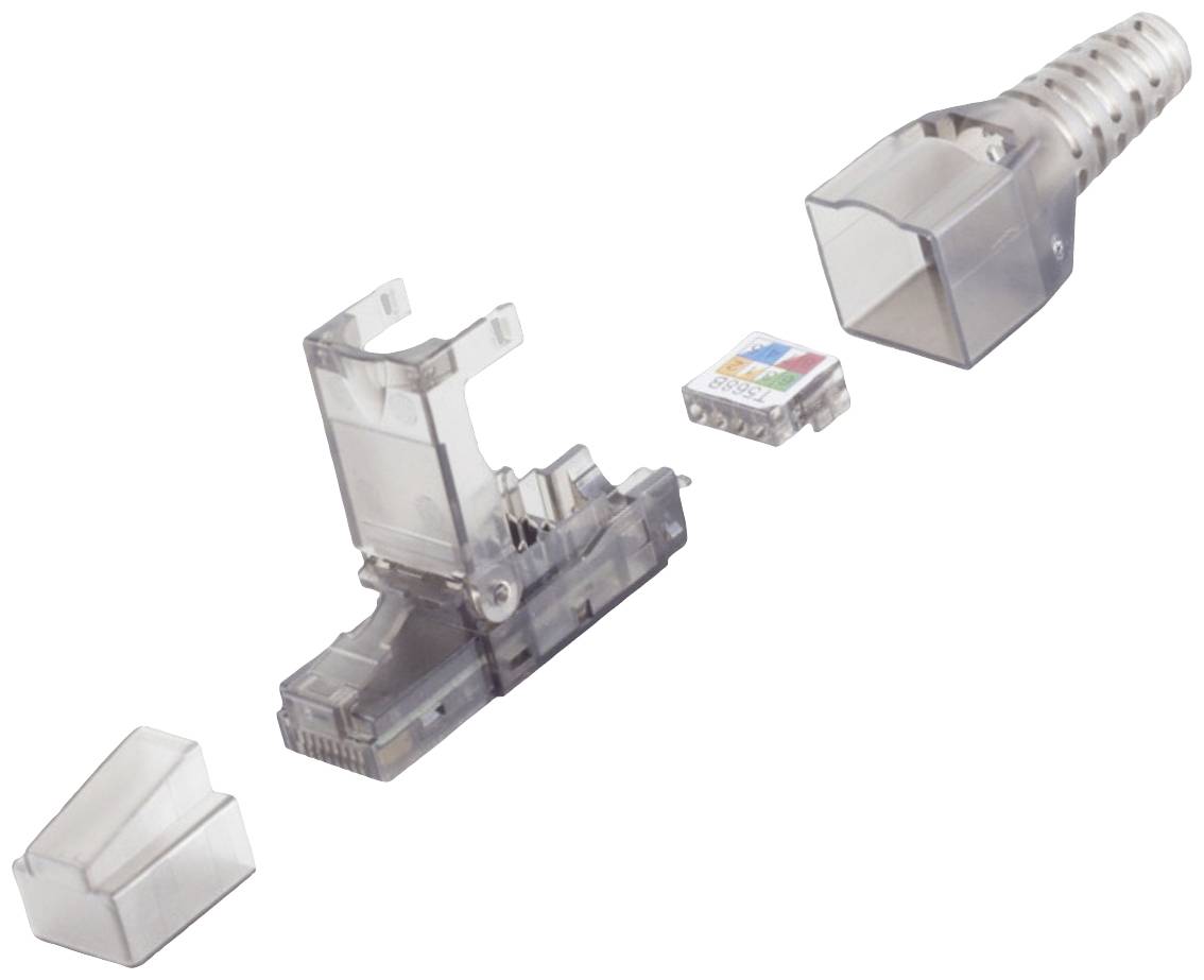 Dismantled network plug reveals its components: main body, colour coding, and housing. For assembly and cable connection.