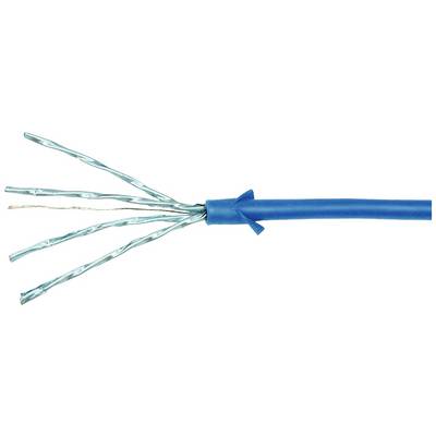 A blue network cable with exposed wire pairs at one end, used for data transmission in computer networks.