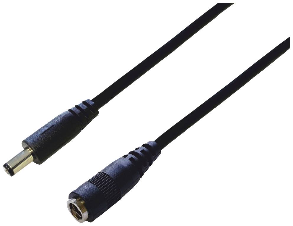 A black DC extension cable with a plug and socket at the ends, against a white background.