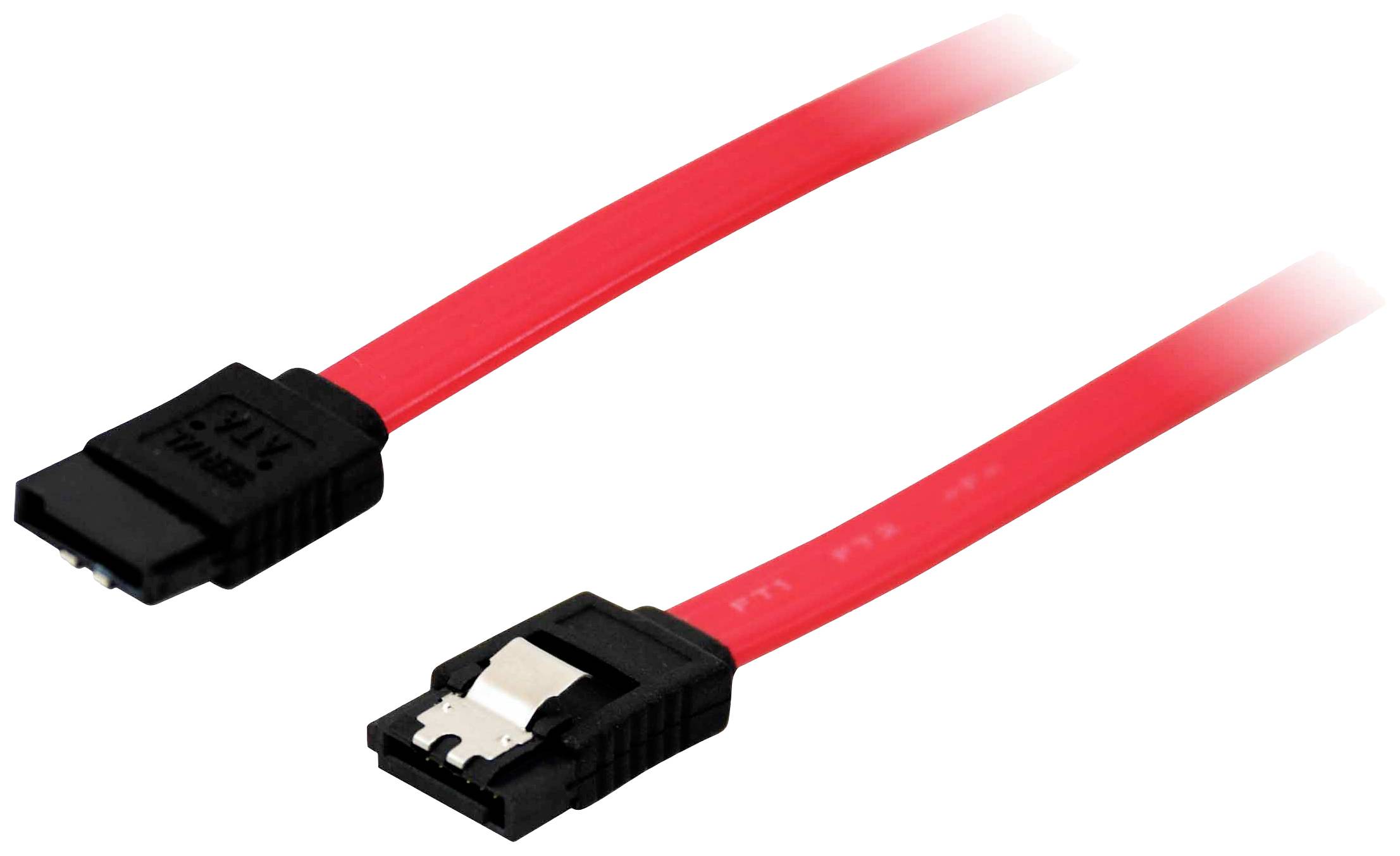 Red SATA cable with black connectors at both ends, for connecting hard drives or SSDs to the motherboard in computers.