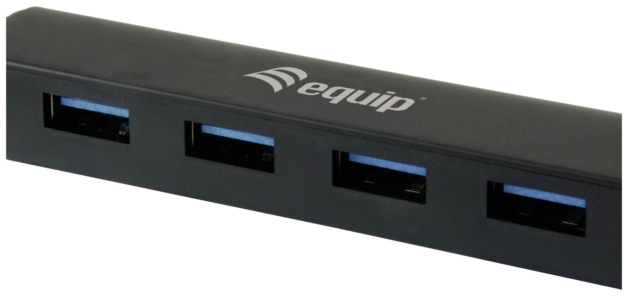 Four-port USB hub, brand logo on top, black design.