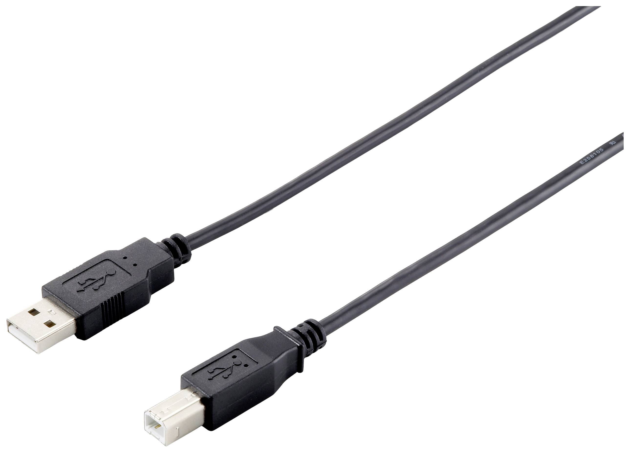 A USB cable with a Type-A plug on the left side and a Type-B plug on the right side, on a white background.