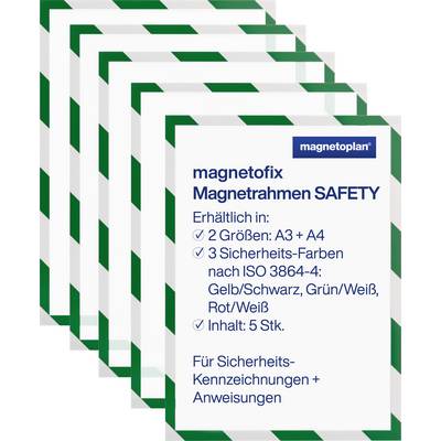 'Magnetoplan Magnetrahmen SAFETY' frames for safety signs, available in A3 and A4. Three colors: Yellow/Black, Green/White, Red/White. Contains 5 pieces.