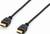 Two HDMI cables with black plugs and gold contacts are lying side by side on a white surface.
