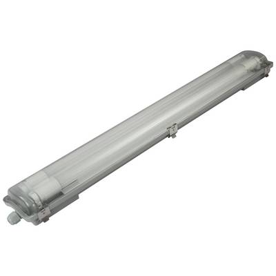 Long rectangular fluorescent lamp with transparent housing, suitable for industrial applications.