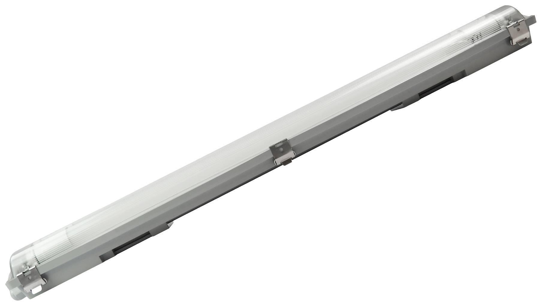 A long, cylindrical fluorescent tube in a protective housing. The lamp is suitable for industrial or commercial lighting.