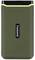 External hard drive with a military green casing and black brand name in the centre.