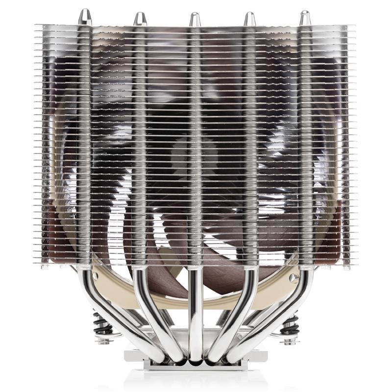 A large metal CPU cooler with multiple silver fins and copper-coloured heat pipes is visible from the front.