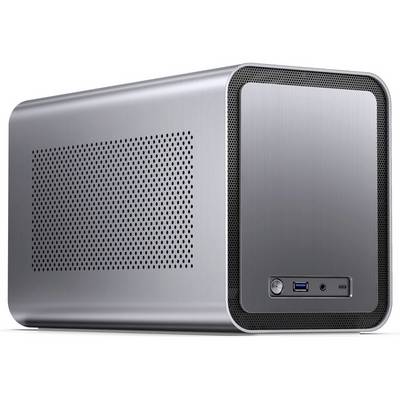 Silver computer case cube with perforated ventilation openings and ports at the front.