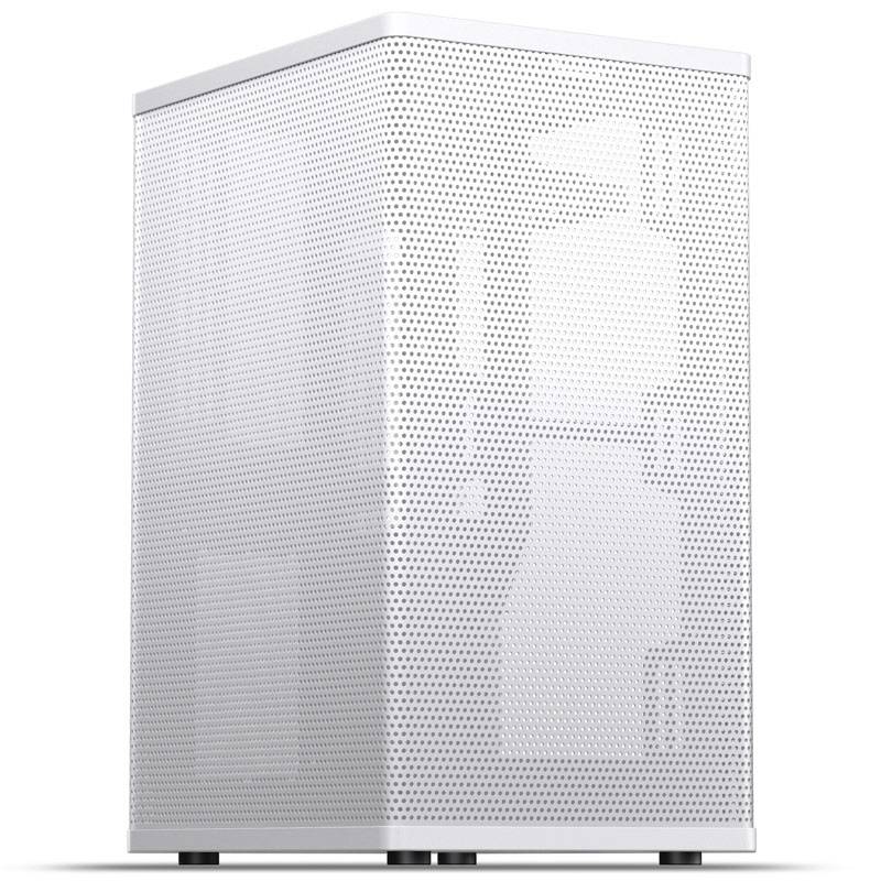 A white air purifier with a rectangular design and perforated casing stands vertically on a flat surface.