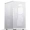 A white air purifier with a rectangular design and perforated casing stands vertically on a flat surface.