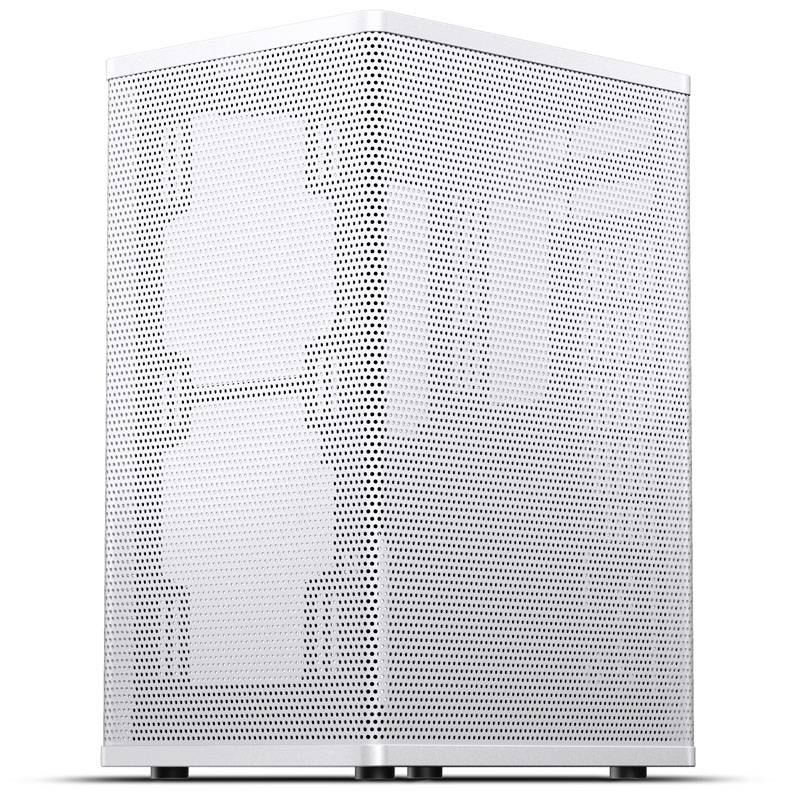 A modern, white air purifier with a perforated casing that ensures efficient air circulation and purification.