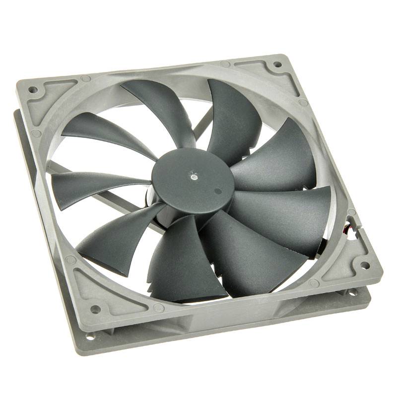 A square computer fan with eight grey blades, mounted in a grey, square frame.