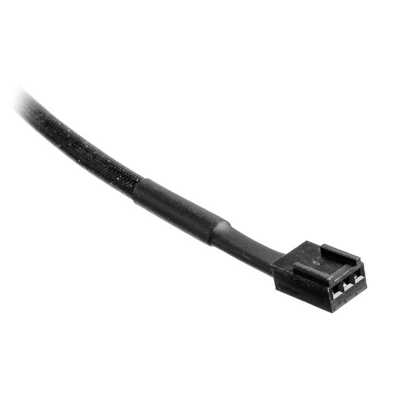 Close-up of a black power cable with a three-pin plug, on a white background.
