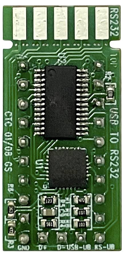 Green circuit board with electronic components and connections. 'RS232' is written in the top right corner.