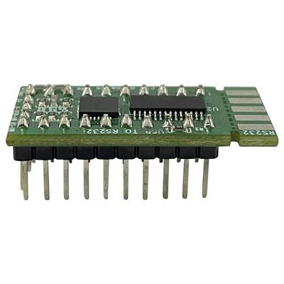A green electronic circuit board with metal pins and two black chips, used for serial communication in computer networks.