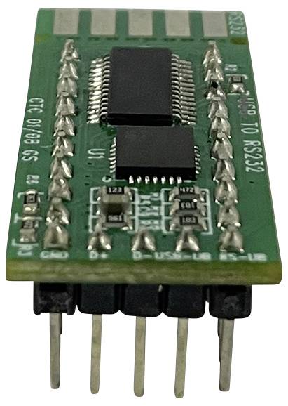 Green printed circuit board with multiple integrated circuits and pins on the underside. Label reads 'TTL TO RS232'.