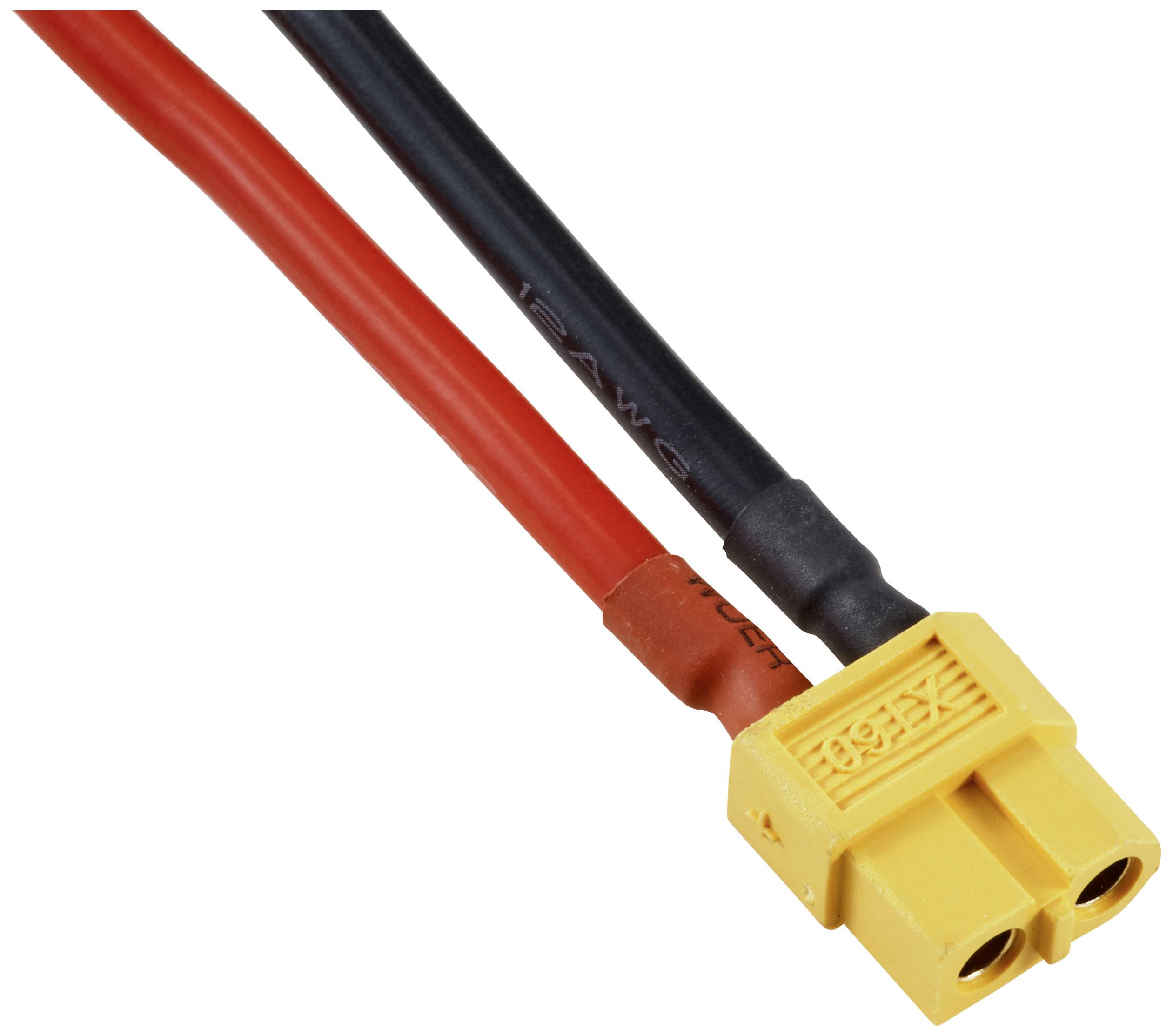 An XT60 connector with a red and black cable, used for securely connecting electronic devices and batteries.