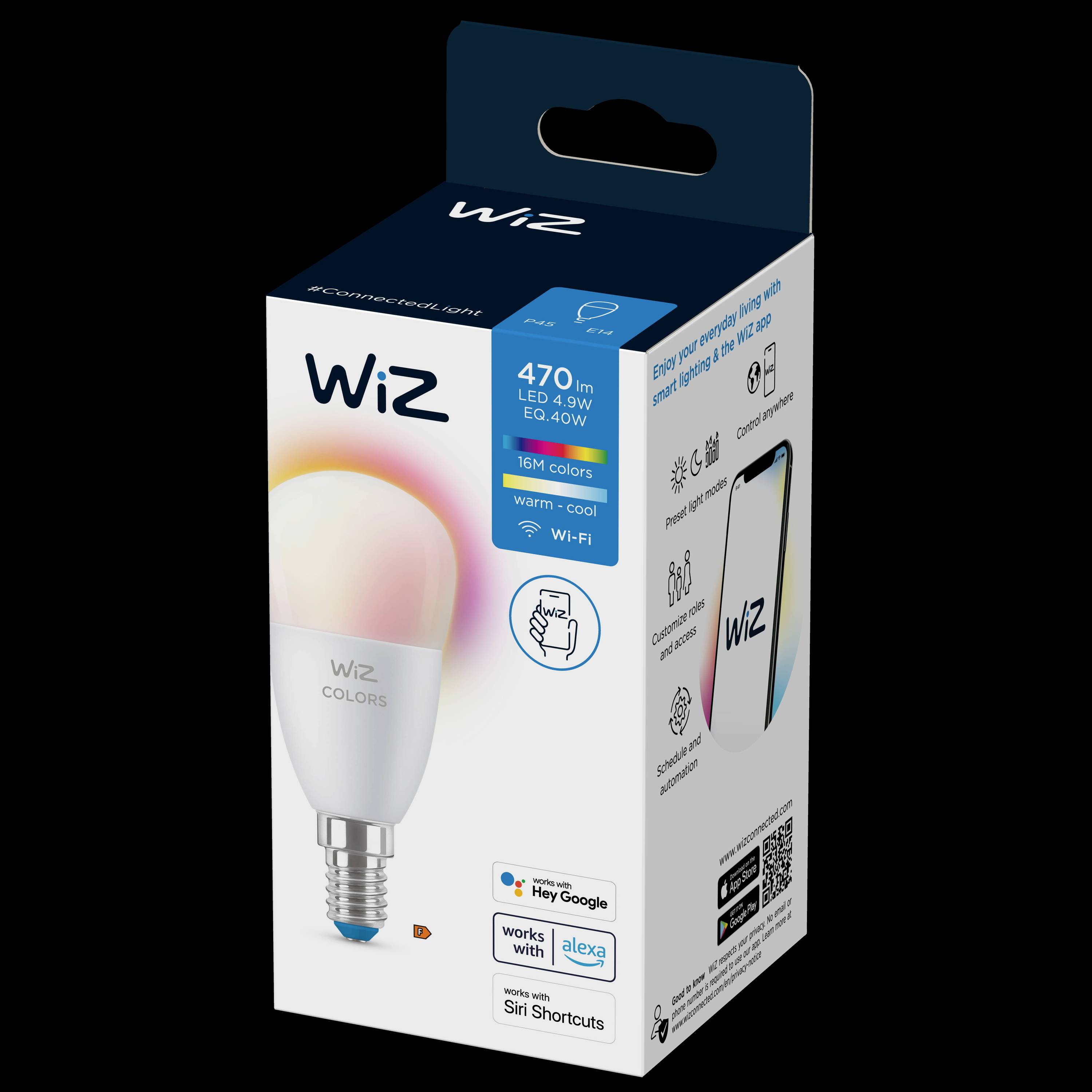 Packaging for a WiZ Colours LED Light Bulb. Shows brightness (470 lumens) and colour temperature (16 million colours) with Wi-Fi connectivity. Compatible with Google Assistant, Alexa and Siri.