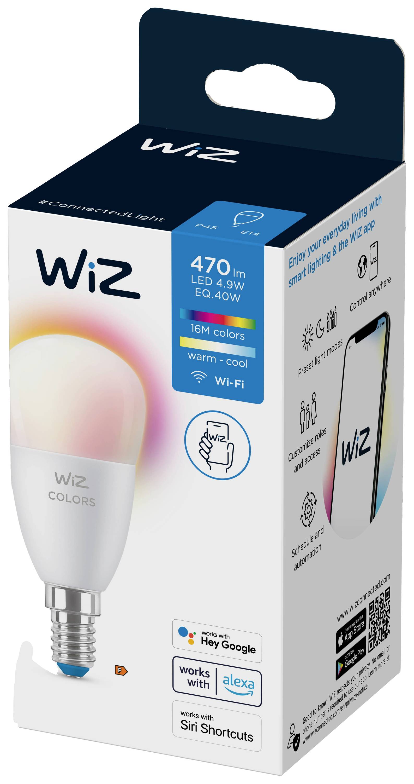 WiZ light bulb packaging with 470 lm, 9W, warm and cool white light, 16 million colours, compatible with Google Assistant and Alexa. Wi-Fi enabled.