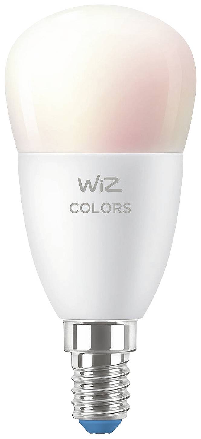 White LED lamp with colour-changing option from Wiz Colors. Upper section illuminated in pink, with E27 screw base.