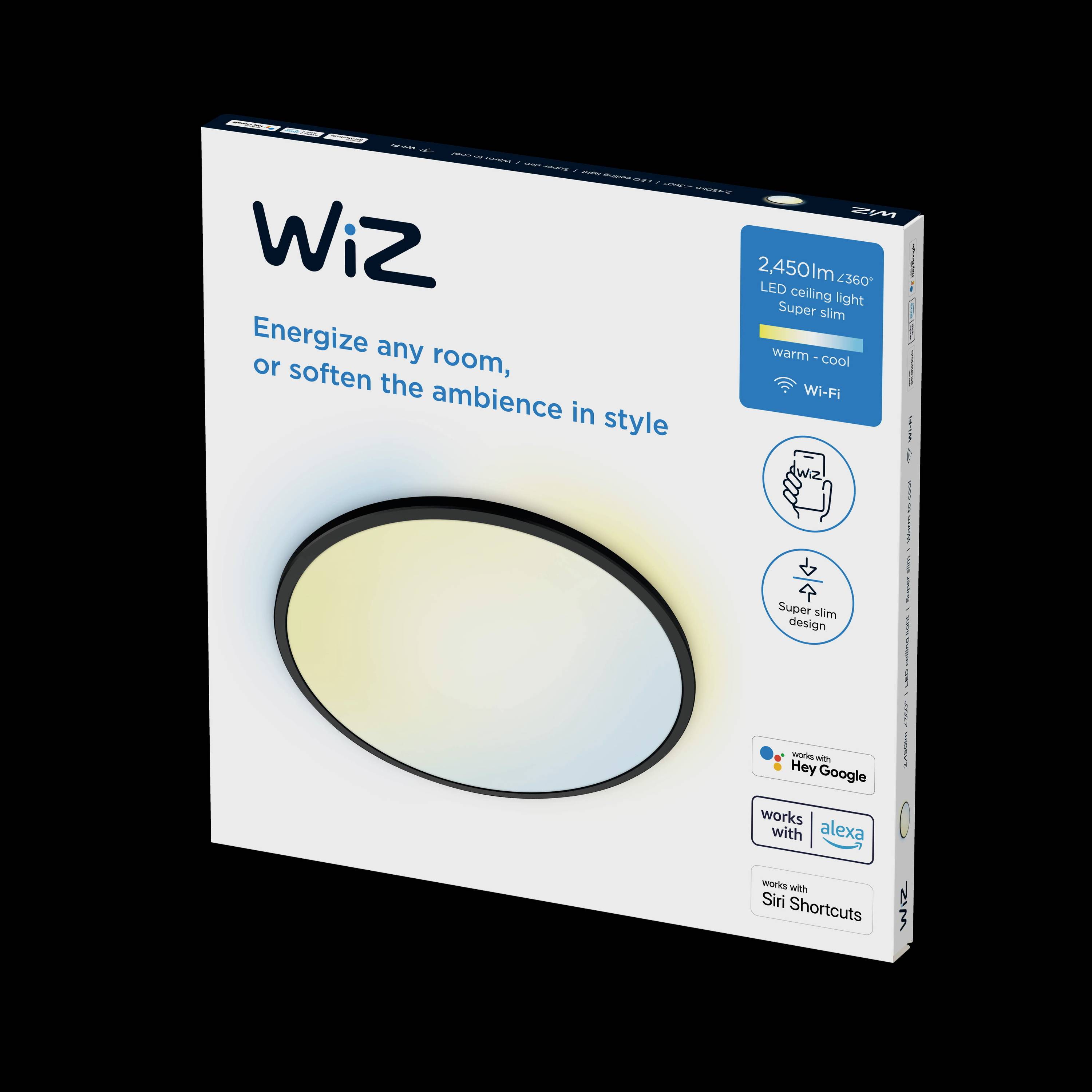 WiZ LED Ceiling Light, 2450 lumens, super slim, adjustable from warm to cool, with Wi-Fi function, compatible with Google and Alexa.