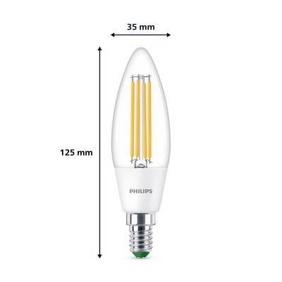 LED Candle, 35 mm diameter, 125 mm height, E14 lamp holder, clear with two orange filaments, Philips brand, suitable for decorative lighting.