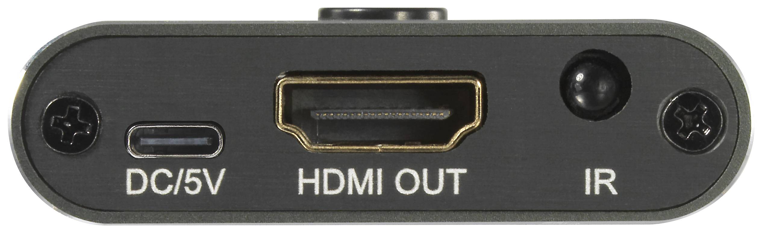 Device with ports: USB-C 'DC/5V', HDMI output 'HDMI OUT', infrared port 'IR'.