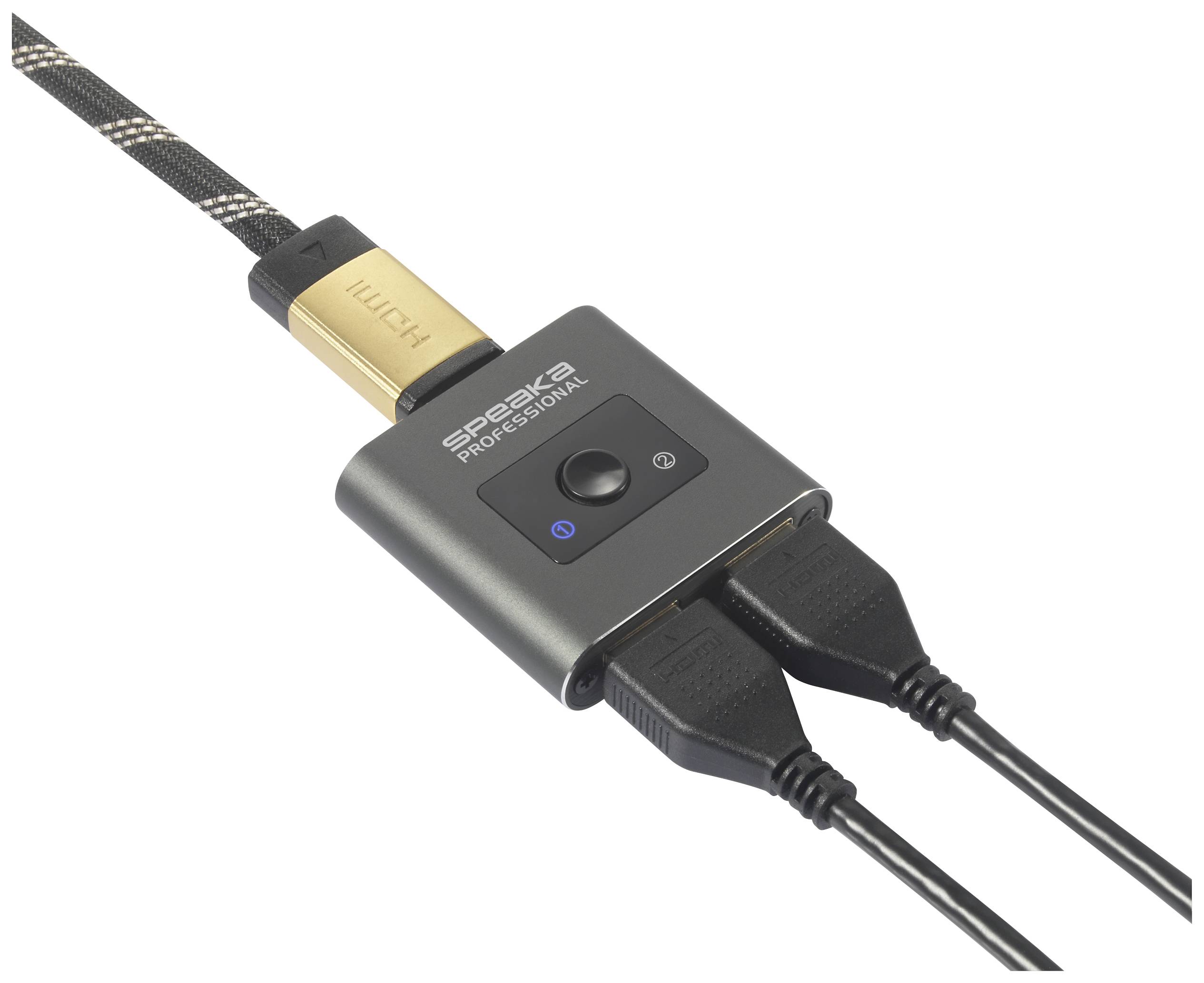 Cable with HDMI connection and two USB plugs, connected via an adapter labelled 'SpeaKa Professional' with a Bluetooth symbol.