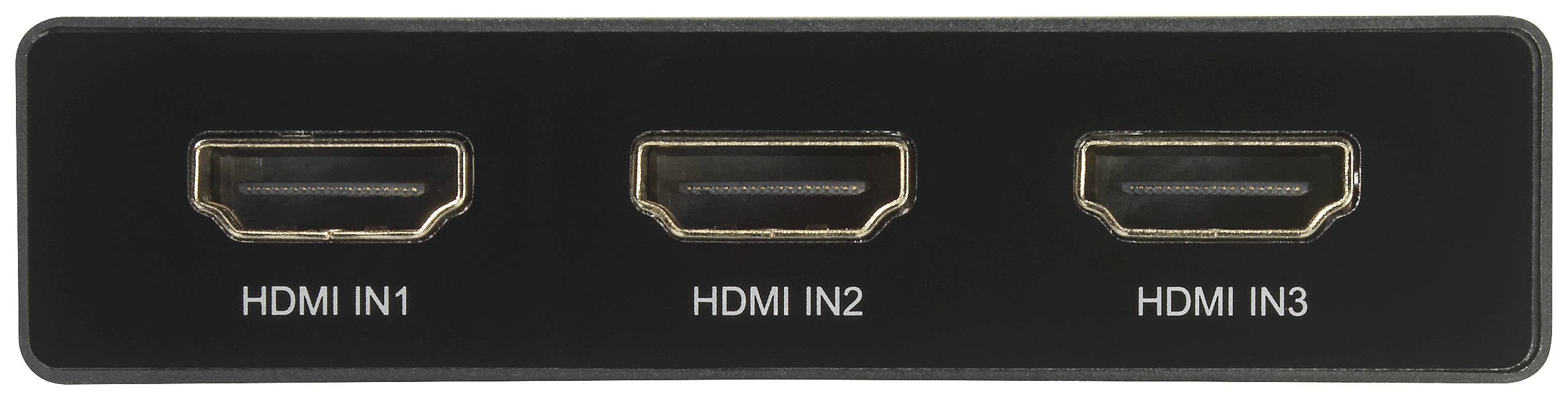'Triple HDMI input ports on a black plate, labelled as HDMI IN1, HDMI IN2, HDMI IN3.'