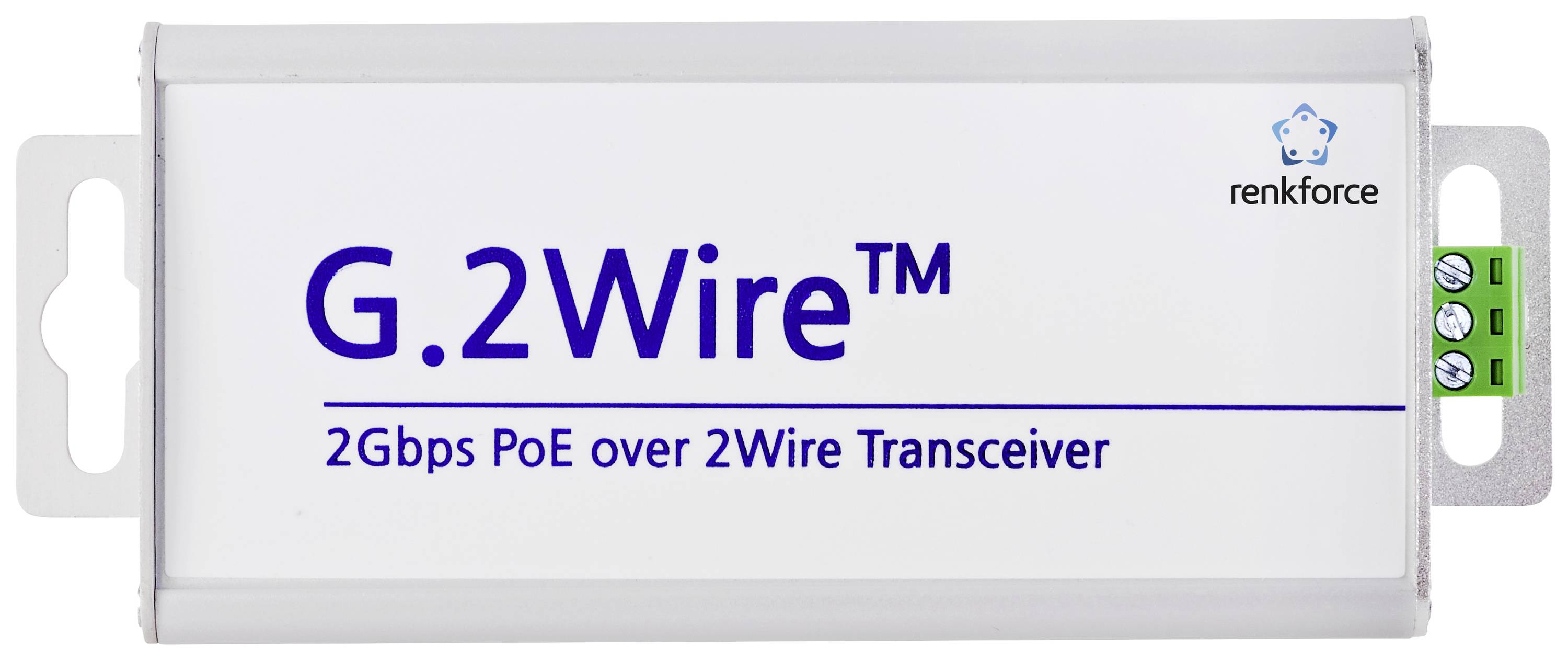 The image shows a 'G.2Wire' PoE transceiver device by Renkforce, which enables 2 Gbps data transmission over two-wire connections.