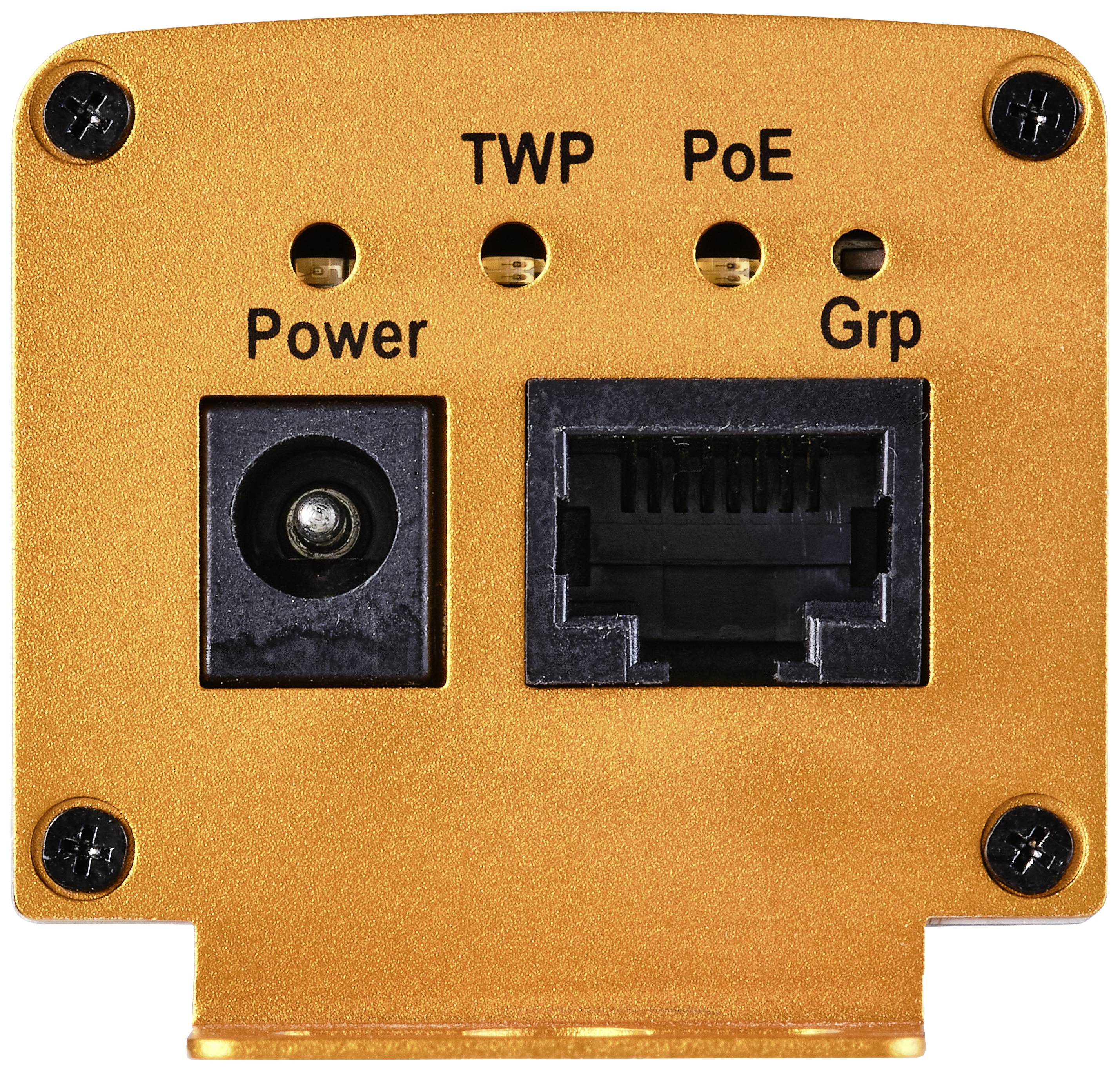 'Golden device with connections: power and network cable sockets, and LED lights for TWP and PoE. Suitable for technical applications.'