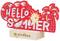 A red illuminated sign with the inscription 'Hello Summer', decorated with sunglasses, melon, ice lolly, sun and palm tree.