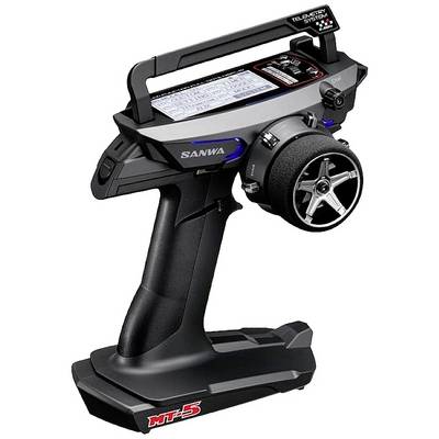 Black radio remote control with a screen and control knob, with the model 'MT-5' visible. Contains specialised controls.