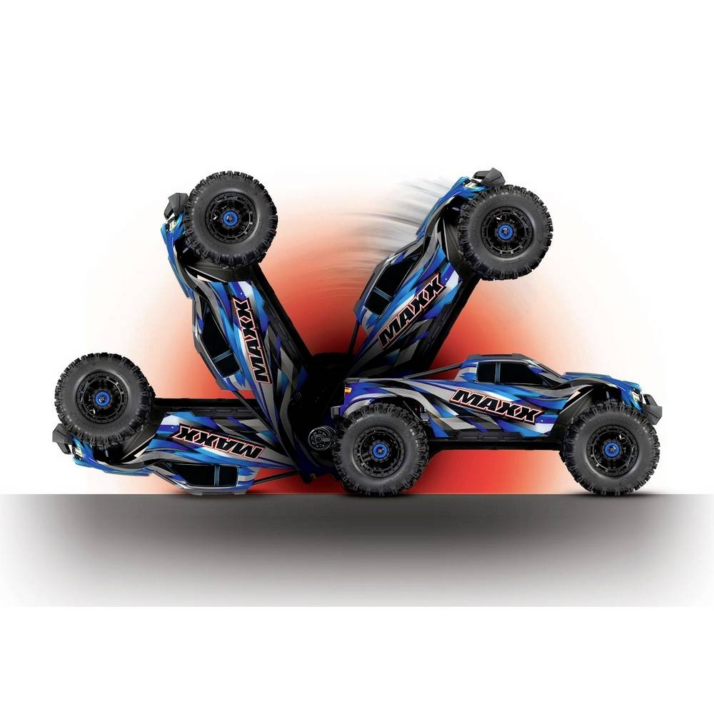 A remote-controlled blue car performs a roll. It demonstrates manoeuvrability and speed through its movement effects.