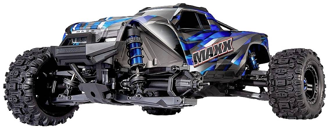 RC Truck with a robust chassis, blue and black graphics, bearing the lettering 'MAXX'. Off-road tyres and suspension visible. Ideal for terrain driving.