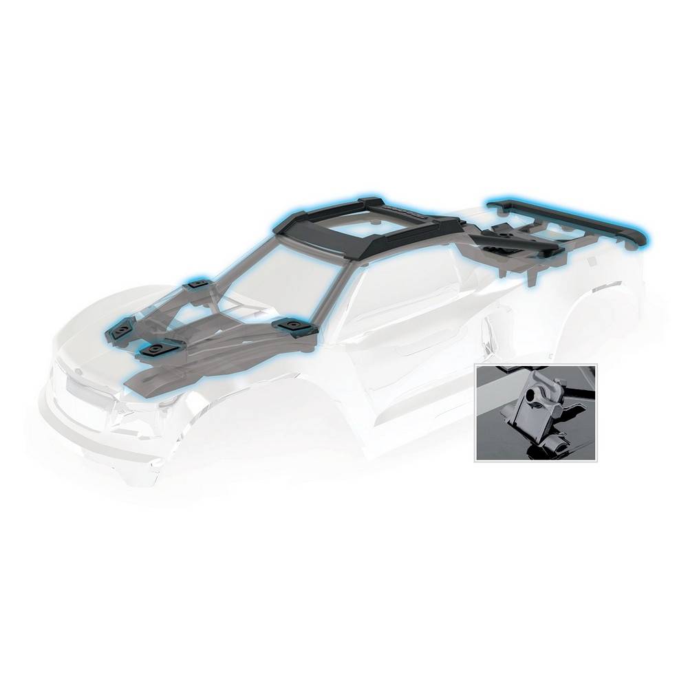 Sketch of a car model with a roof rack highlighted in blue. Enlarged section shows a detailed close-up of an attachment point.