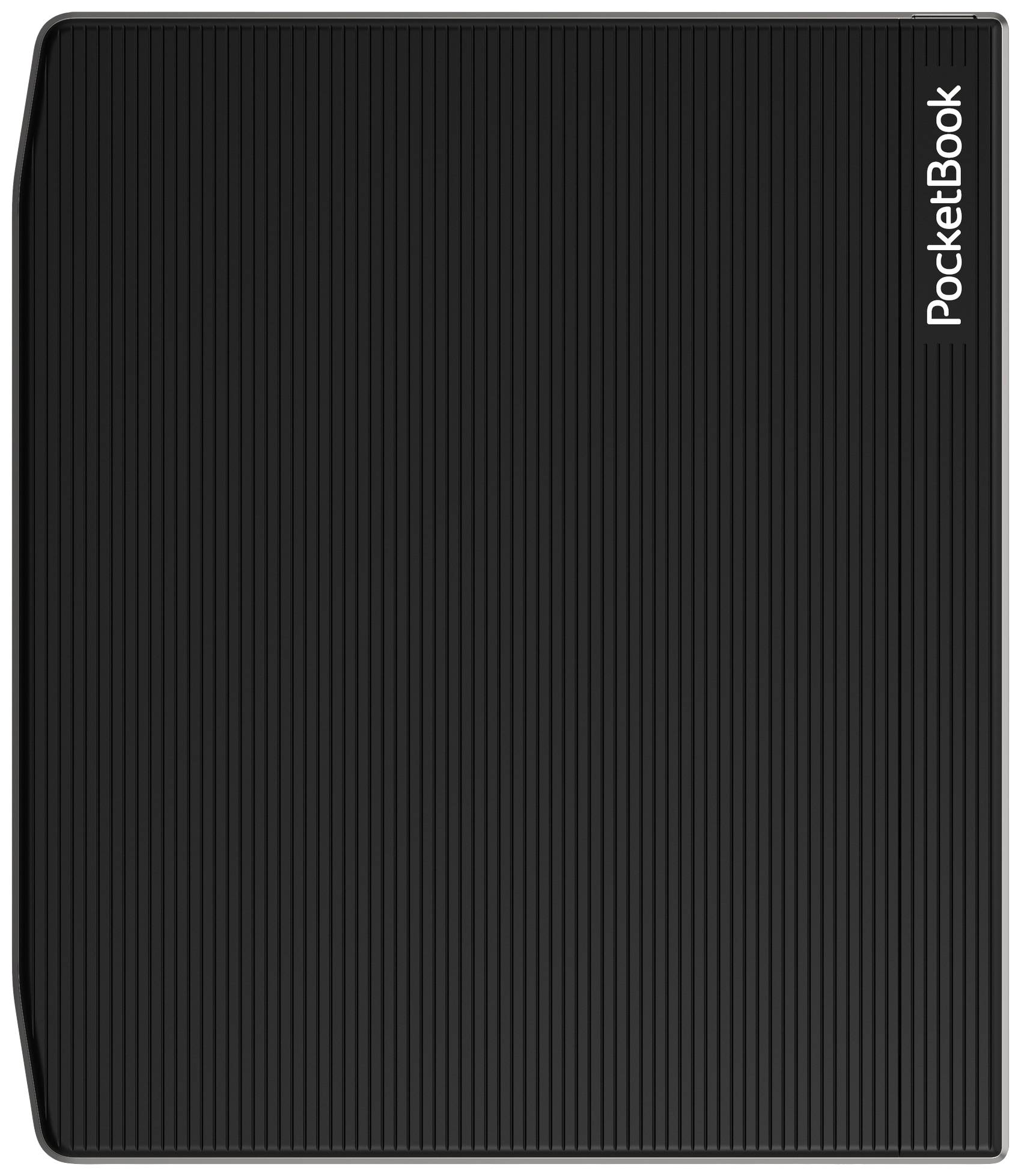 Black PocketBook case with a fine ribbed texture. 'PocketBook' brand vertically placed on the right-hand edge.