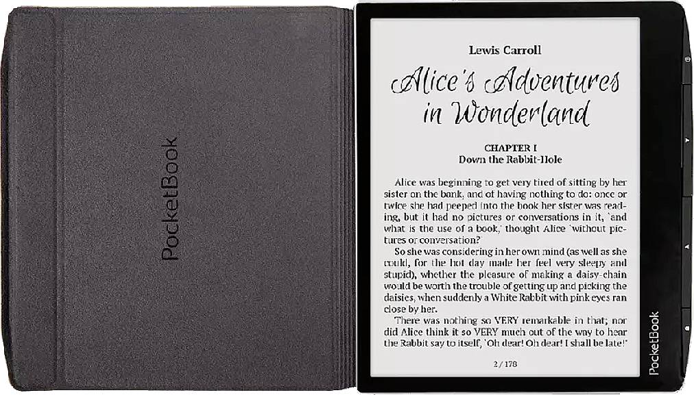 An e-reader displays the first page of 'Alice's Adventures in Wonderland' by Lewis Carroll. To the left is an open protective case.